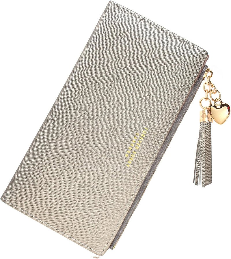 KOTORA Womens Slim Wallet Girls Thin Wallets Pretty Mini Long Card Holder Small Tiny Clutch Zip Purse Love Pendant Tassels Billfold (Bee Gold) - Image 2